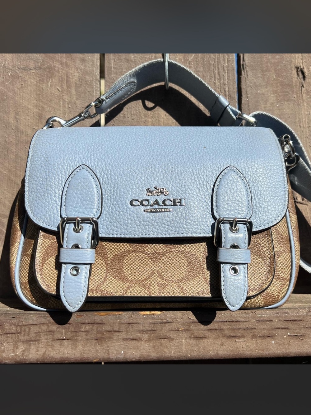 Coach Light Blue Leather & Signature Canvas Crossbody